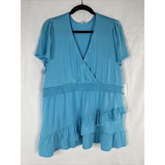 89th Madison Tunic Surplice Top Women Plus Size‎ 1X Blue Short Sleeve Capri New - Picture 1 of 13